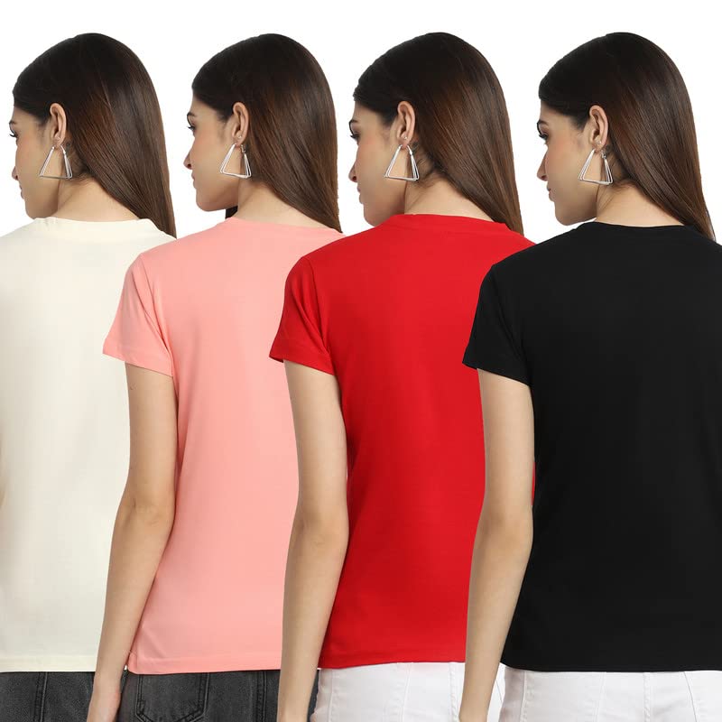 Preneum Womens Cotton Regular Fit Latest Graphic Stylish Printed Short Sleeves Casual T-Shirt || Latest Style (Pack 4), Beige &