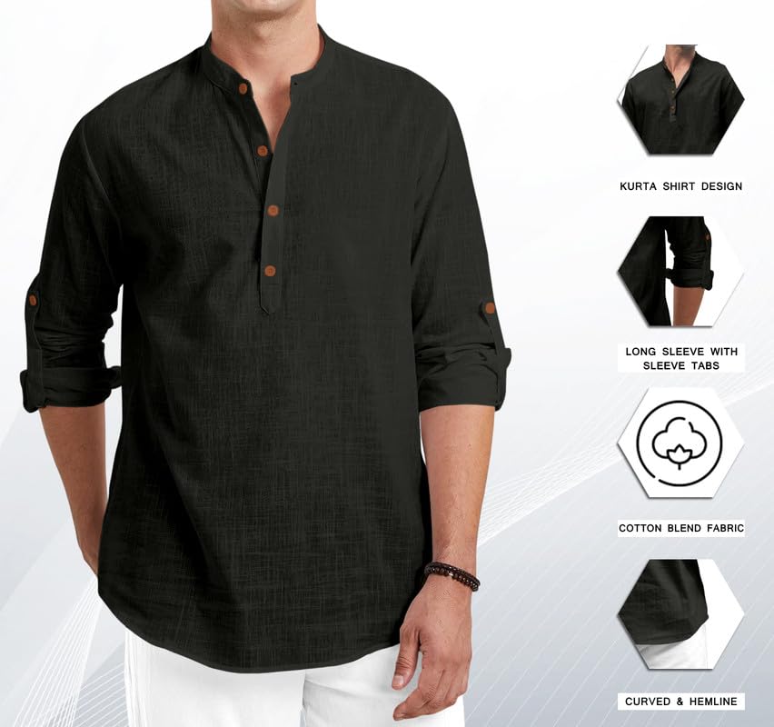 Macsivo MenS Cotton Polyester Blend Solid Regular Fit Full Sleeve Short Kurta | Lightweight Summer Short Kurta Black