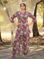 Pinkmint Womens Pure Cotton Co Ord Set l Flower Printed Co Ord Set l Stylish Pocket & 3/4 Sleeve Women Co-ord Set Purple
