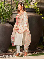 Womanista Women'S Off White Floral Embroidered Cotton Blend Kurta Set With Dupatta