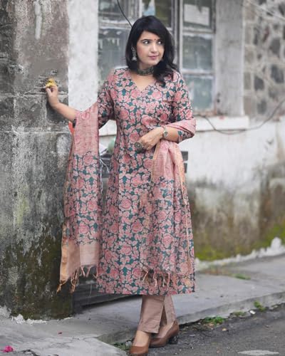 ANNI DESIGNER Womens Cotton Blend Printed Straight Kurta with Pant & Dupatta (Moringa Green-JM_L_Green_Large)