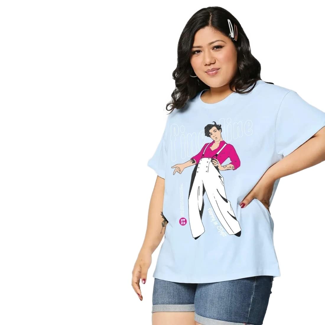 Bewakoof Womens Plus Size Graphic Print Cotton T-Shirt- Boyfriend Fit, Round Neck, Half Sleeves 579002_Blue_3XL