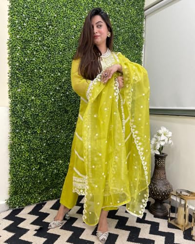 Anni Designer WomenS Rayon Blend Straight Embroidered Kurta With Pant & Dupatta (Carlton Lemon_Xl_Lemon_X-Large)