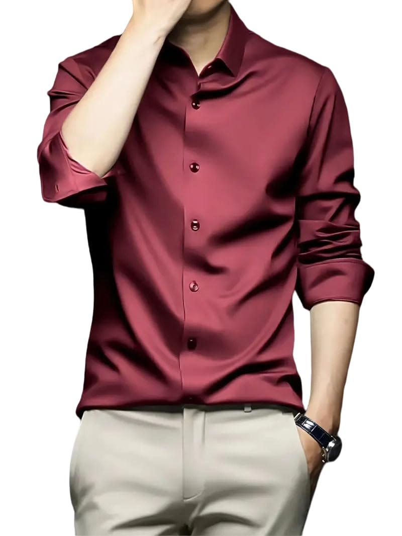 IndoPrimo Mens Stylish Solid Satin Casual Shirt for Men Full Sleeve (in, Alpha, M, Regular, Maroon)