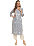 Ekasya WomenS Soft Cotton Slub Straight Cut Round Neck Kurta With Beautiful Floral Embroidery Work (E1572) Grey