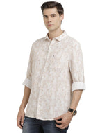 Turtle Men 100% Cotton Slim Fit Beige Printed Casual Shirt