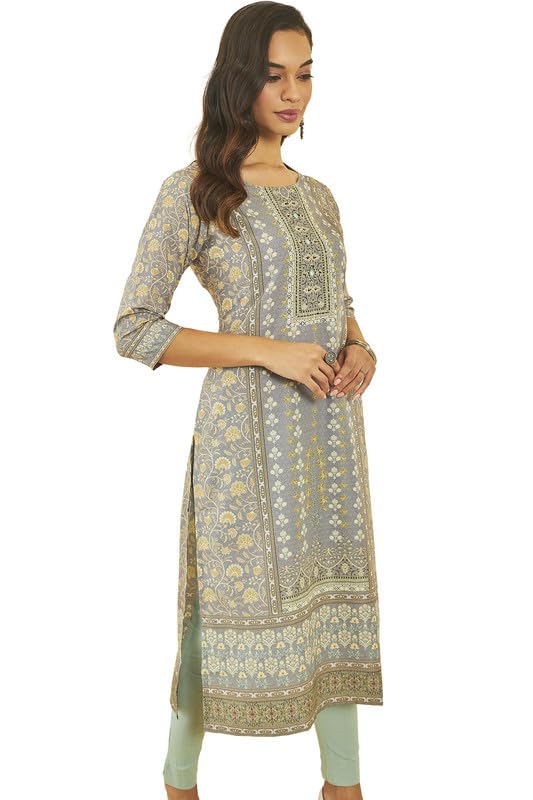 Soch Womens Grey Muslin Botanical Print Straight Kurta With Mirror Work