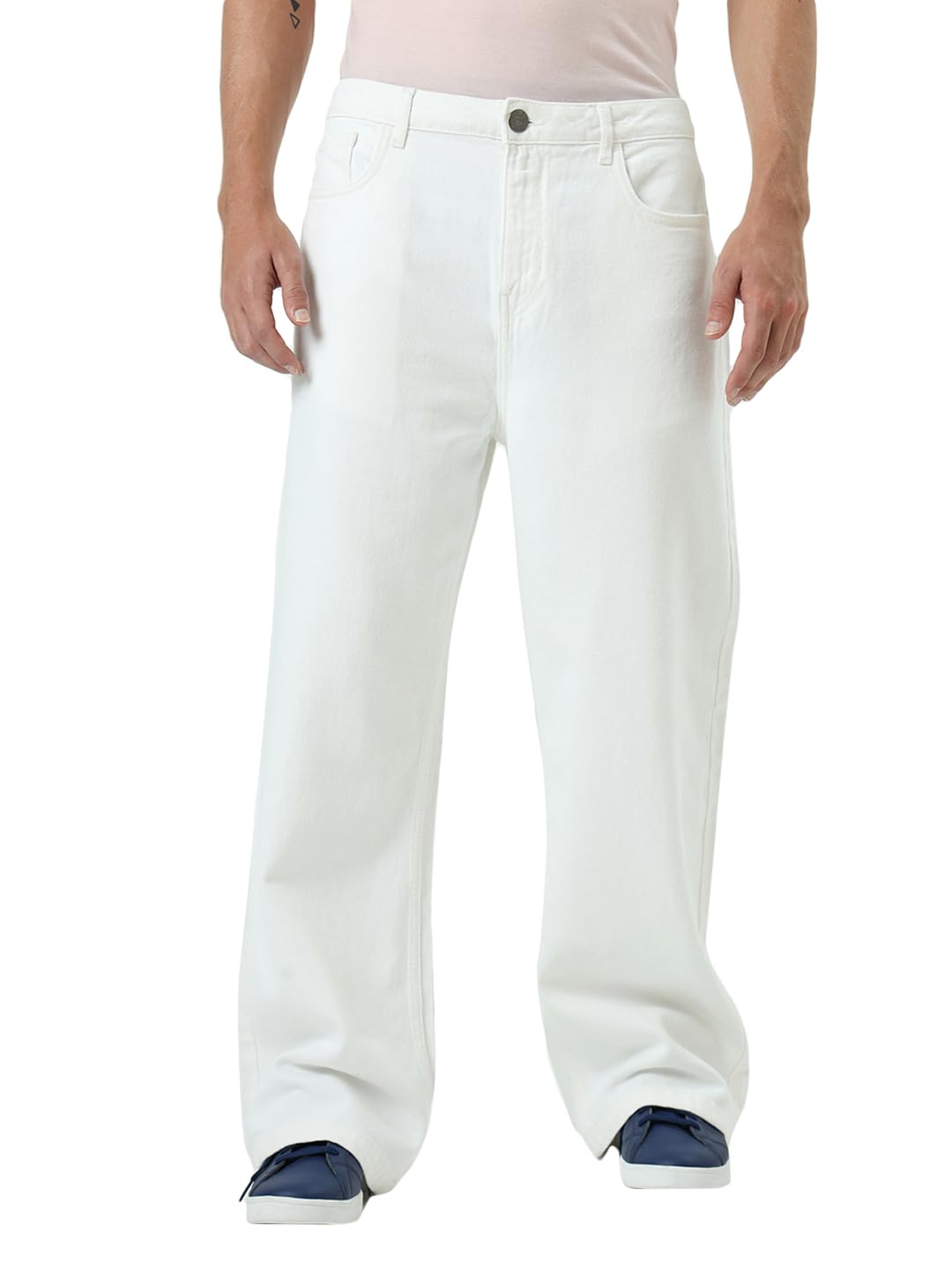 Bewakoof Mens Baggy Straight Fit Mid Rise Jeans_624263_White_34