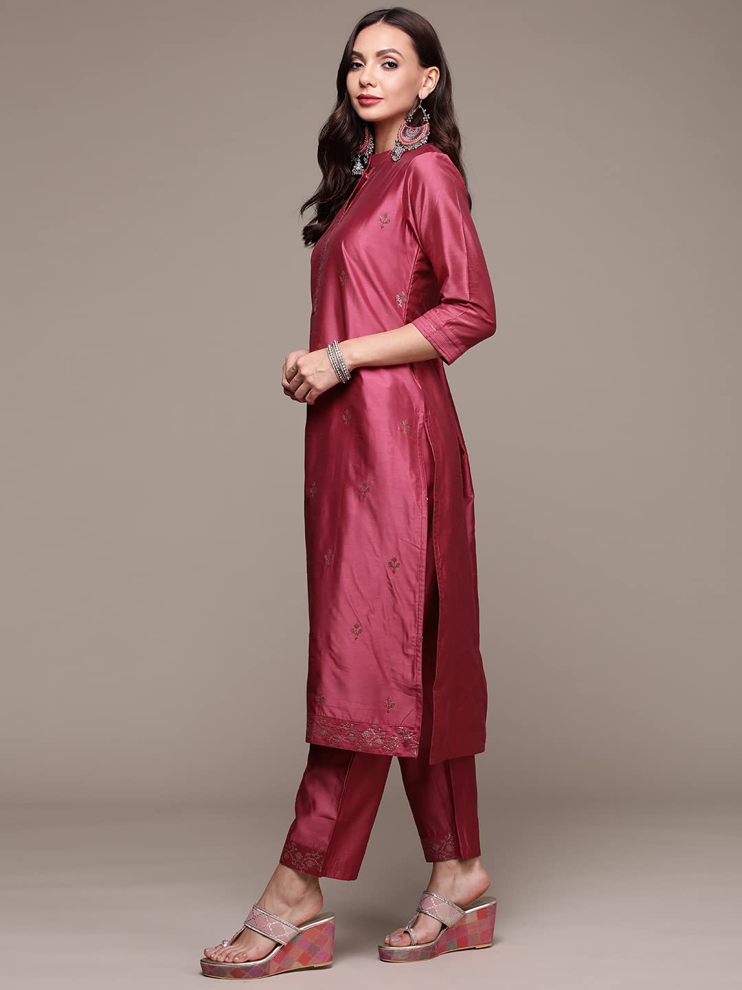 Anubhutee Women'S Handwork Silk Blend Kurta Set With Trousers And Dupatta
