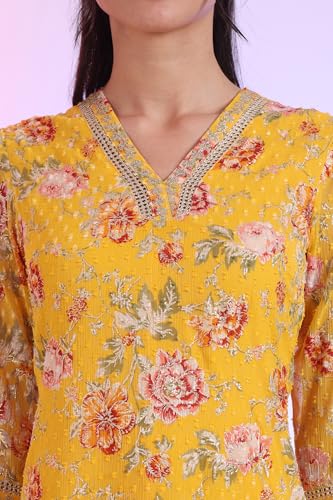 Aurelia Women'S Yellow Printed A-Line Kurta