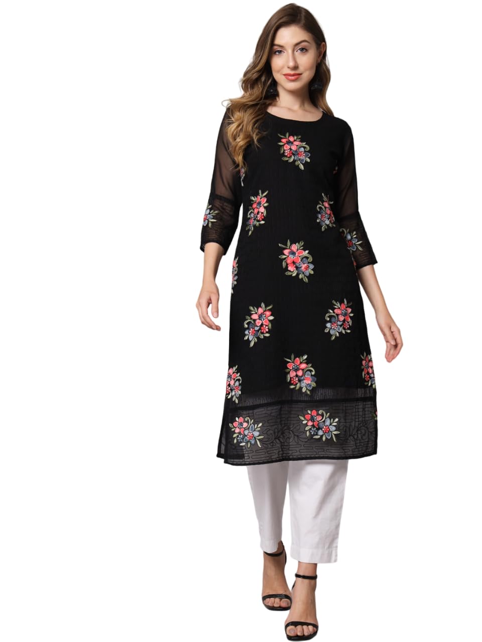 Ekasya WomenS Georgette Straight Cut Round Neck Kurta With Beautiful Floral Embroidery Work - Elegant Design, Comfortable Fit, 