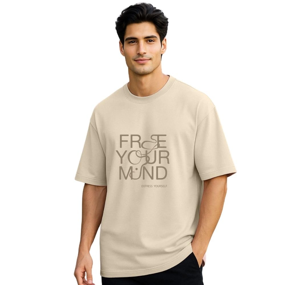 Nobero Men Cotton Printed Oversized Fit T-Shirt (1M-Twrt-C0910-Og_Sand_1