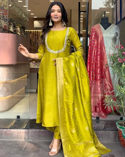 ANNI DESIGNER Womens Silk Blend Straight Embroidered Kurta with Pant & Dupatta (Deluxe GREEN-VKS01_XL_Green_X-Large)