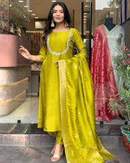 ANNI DESIGNER Womens Silk Blend Straight Embroidered Kurta with Pant & Dupatta (Deluxe GREEN-VKS01_L_Green_Large)
