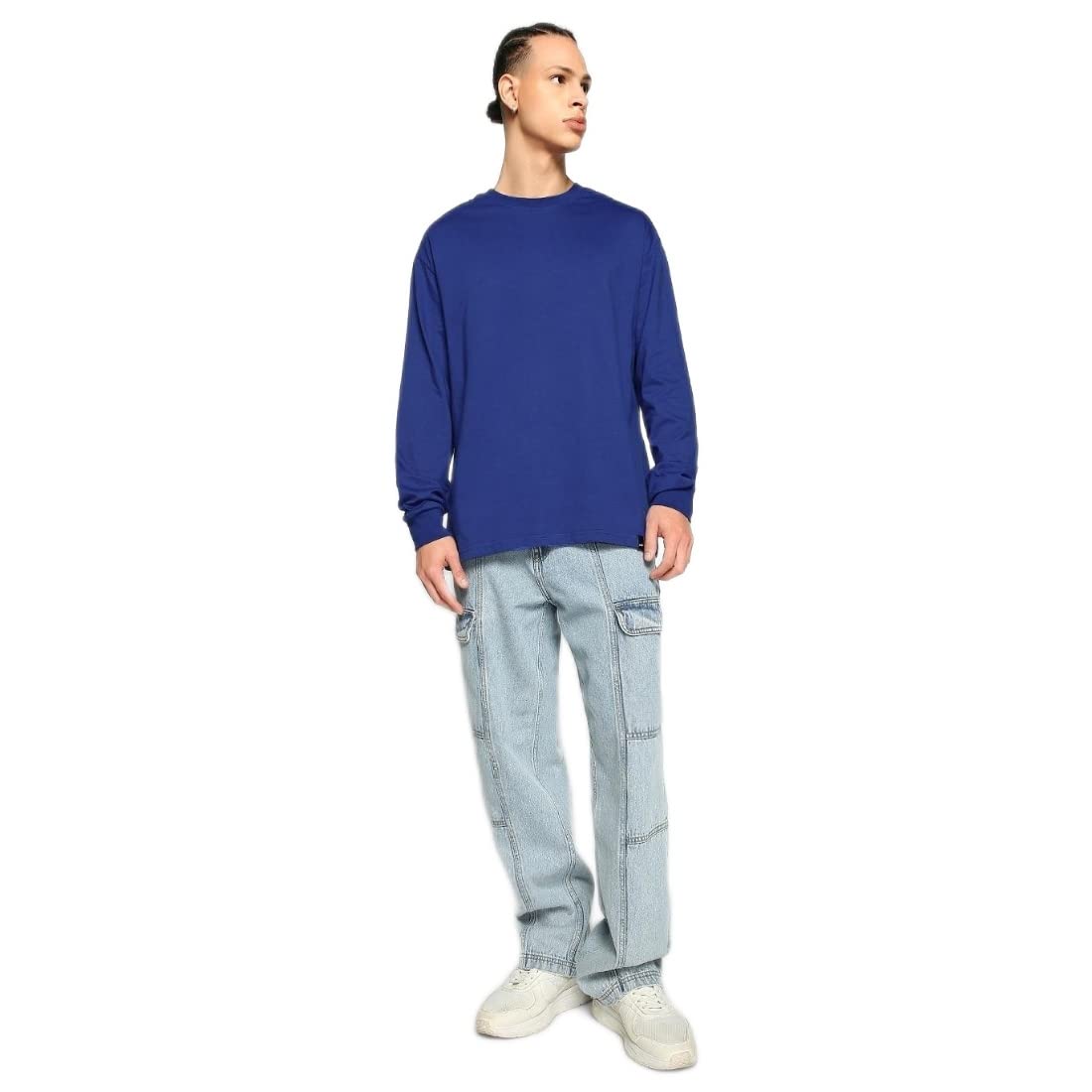 Bewakoof Mens Cotton Solid T-Shirt- Oversized Fit, Round Neck, Full Sleeves 564679_Blue 01_L