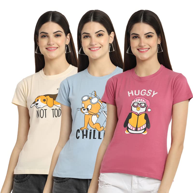 Preneum Womens Cotton Regular Fit Latest Graphic Stylish Printed Short Sleeves Casual T-Shirt || Latest Trendy & Styles (Pack 3