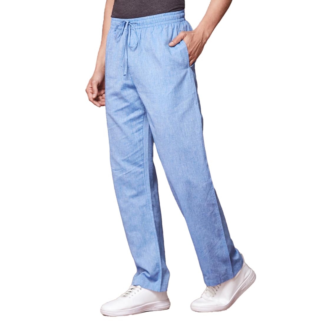 Fabindia Men Cotton Blue Solid Comfort Fit Casual Pants 36