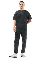 Bewakoof Heavy Duty 1.0 Mens Self Design Oversized Fit Half Sleeve Round Neck Terry Acid Wash Co-ordinates_617339_Black_XL