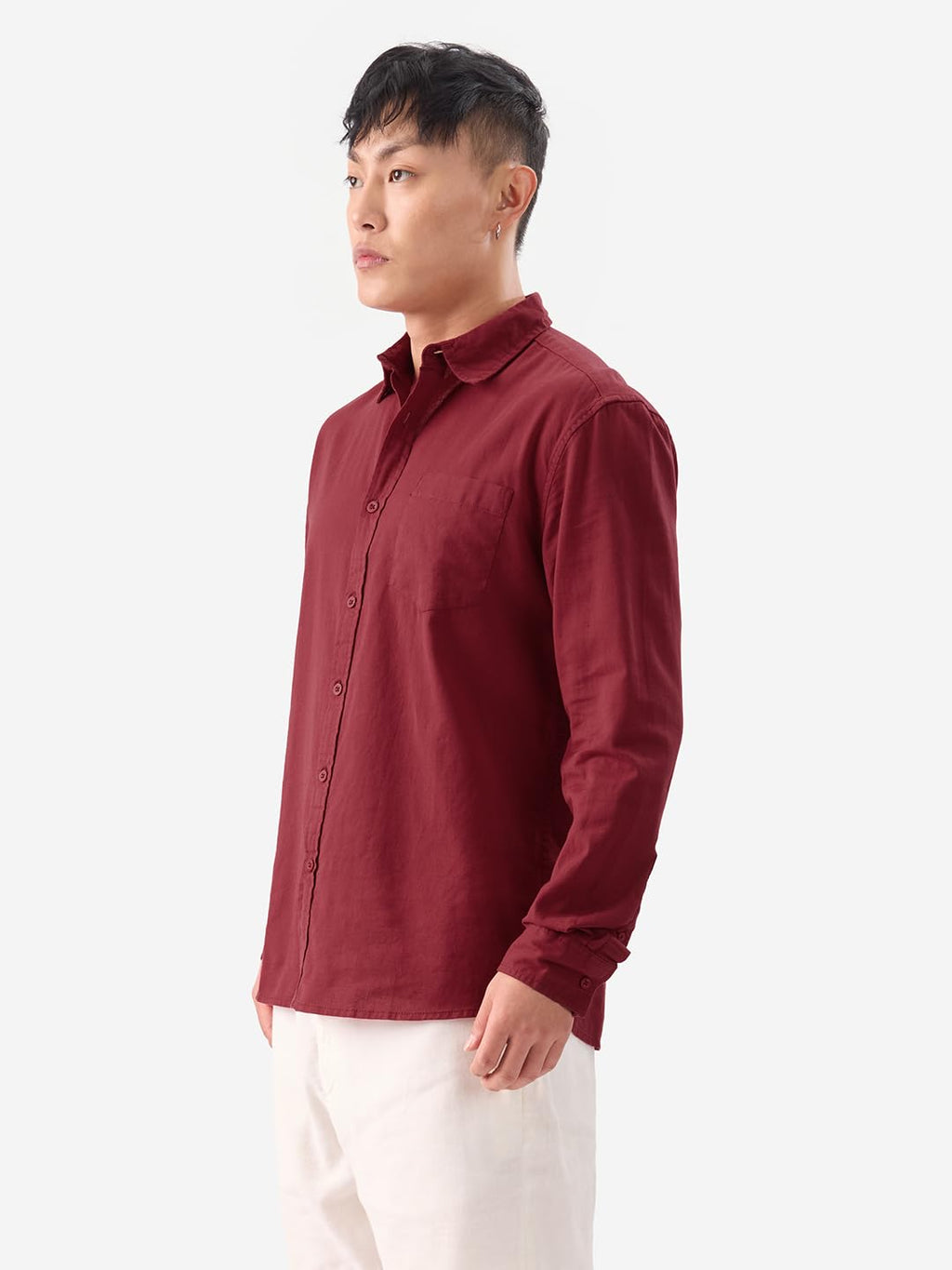 The Souled Store Maroon Mens and Boys Long Sleeves Collared Neck Button Front Oversized Fit Cotton Linen Shirt