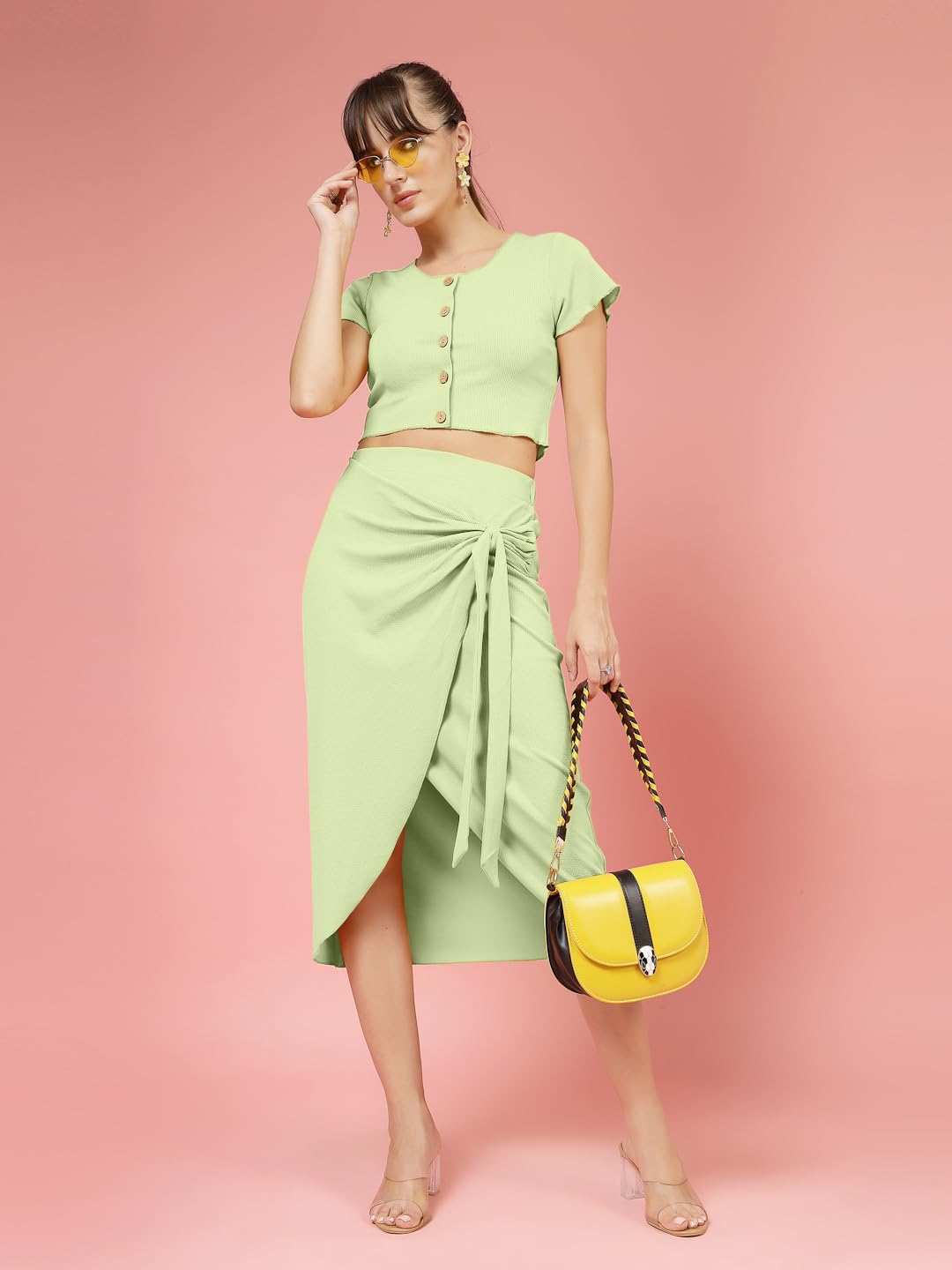 OOMPH! Stretchable Lycra Coord Crop Top and Skirt Set for Women, Green - coord_mt977msk254