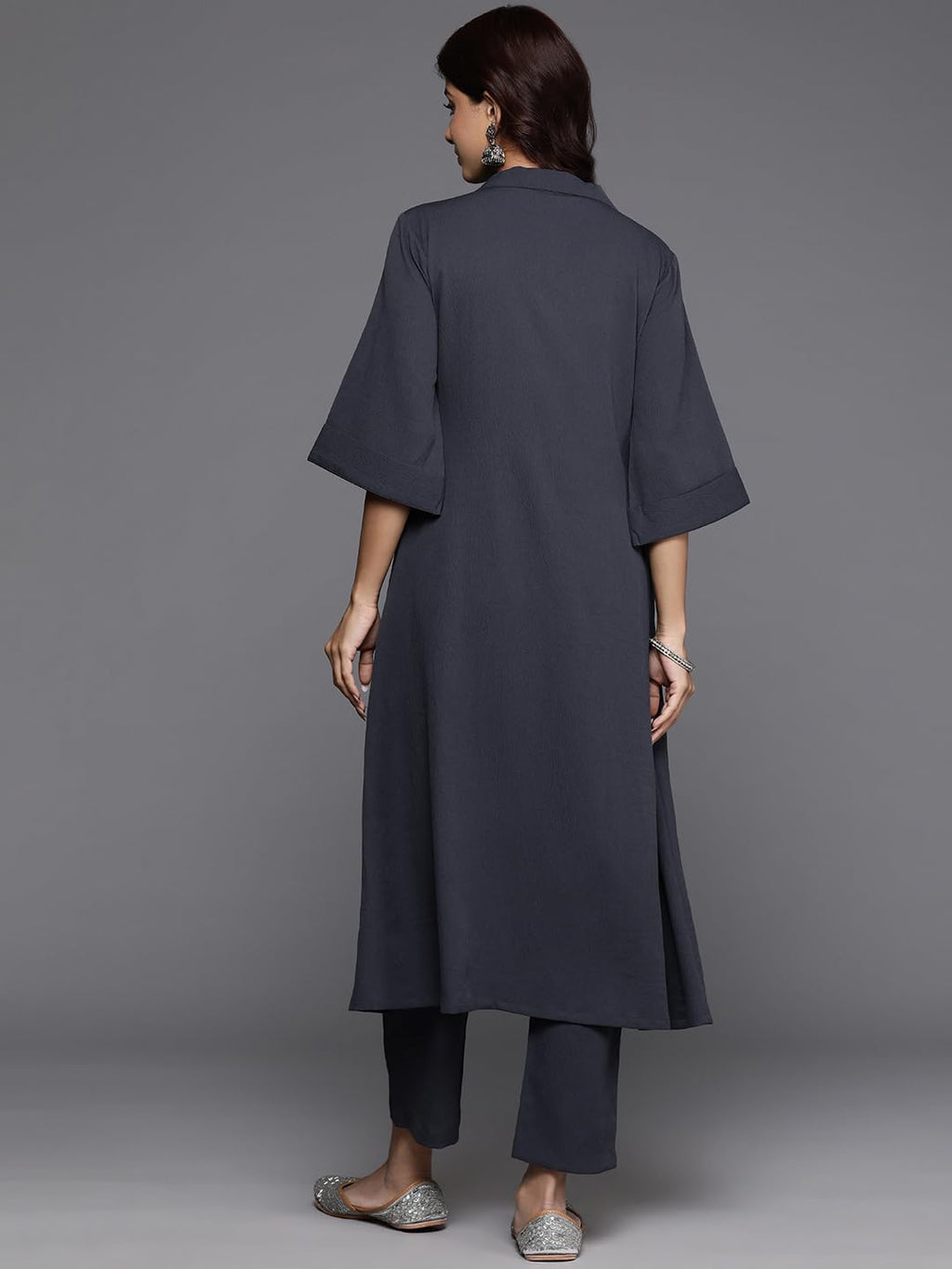 Varanga Women Grey Shirt Collar Neck A-Line Kurta With 3/4Th Sleeves Paired With Tonal Bottoms - Elegant And Comfortable Ethnic