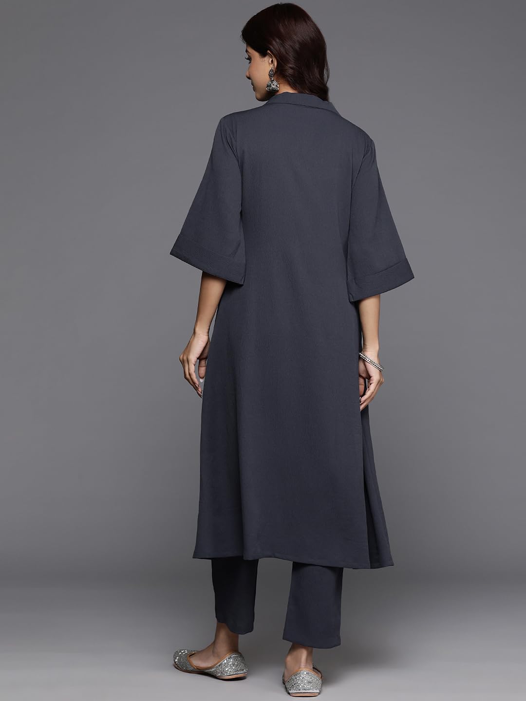 Varanga Women Grey Shirt Collar Neck A-Line Kurta With 3/4Th Sleeves Paired With Tonal Bottoms - Elegant And Comfortable Ethnic