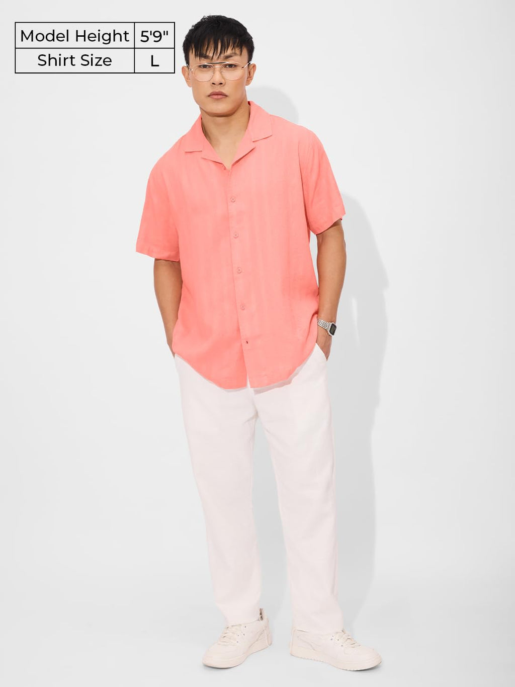 The Souled Store Solids: Peachy Pink Men and Boys Short Sleeves Collared Neck Button Down Solid Viscose Textured Holiday Shirts