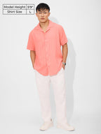 The Souled Store Solids: Peachy Pink Men and Boys Short Sleeves Collared Neck Button Down Solid Viscose Textured Holiday Shirts
