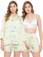 Clovia Womens Satin Emoji Print 3 Piece Nightwear Set (LS0666D18_Pink & Green_XXL)