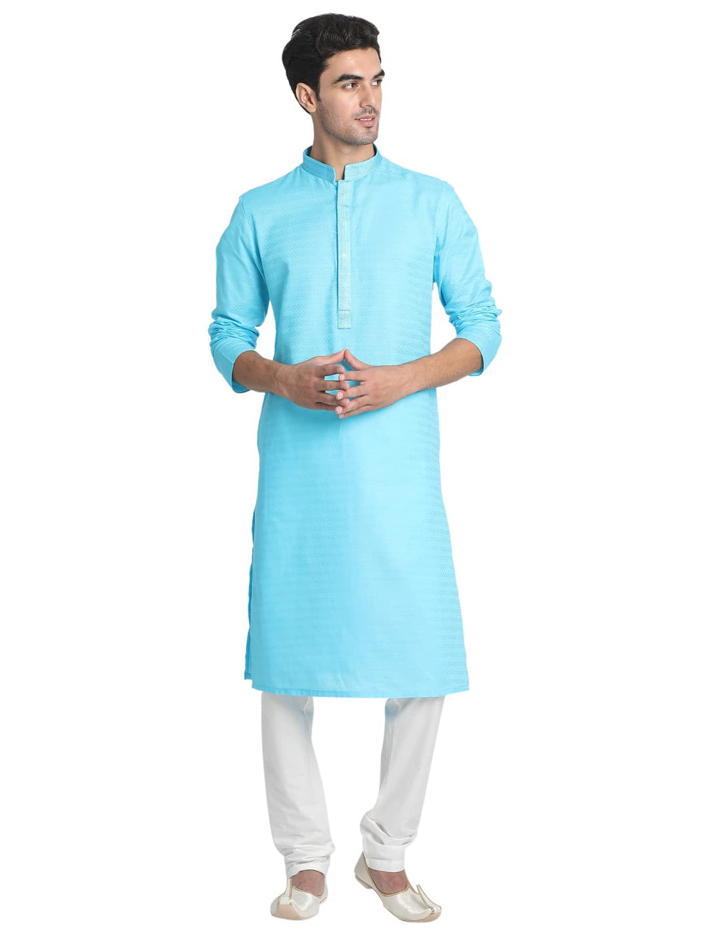 Manyavar Selfdesign Knee Long Kurta And Churidar Set For Men - (Blue, 3X-Large)
