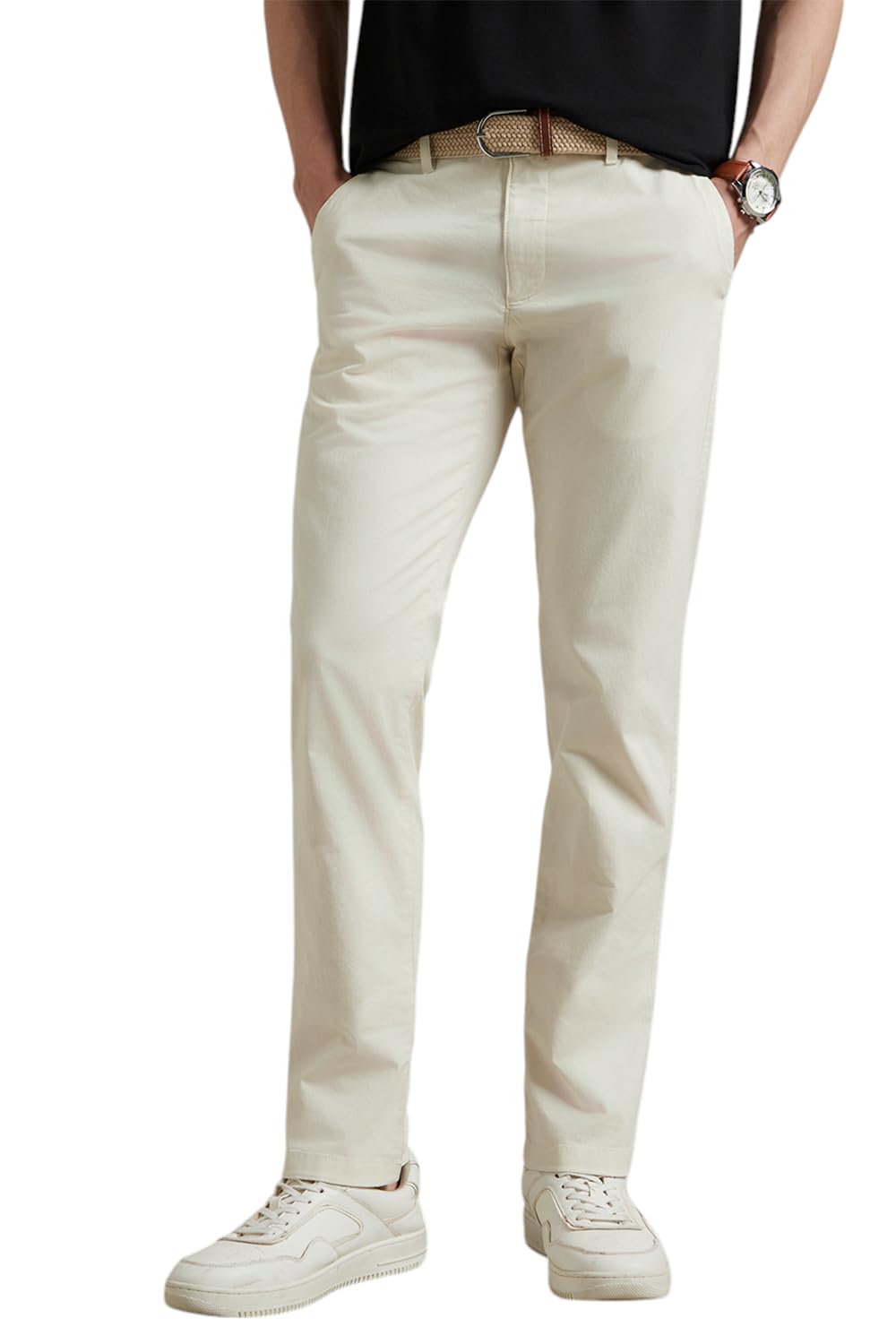Men White Slim Fit Solid Flat Front Casual Trousers