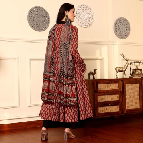ANNI DESIGNER Womens Rayon Viscose Anarkali Printed Kurta with Palazzo & Dupatta (JATHI RED_XL_Red_X-Large)