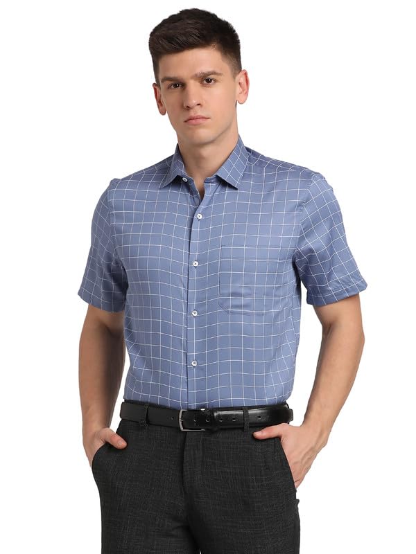 Turtle Men 100% Cotton Regular Fit Blue Check Half Sleeve Formal Shirt