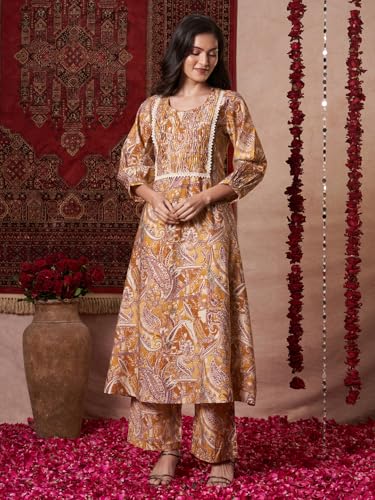 ANNI DESIGNER Womens Rayon Blend Straight Printed Kurta with Pant (Marco Yellow_M_Yellow_Medium)