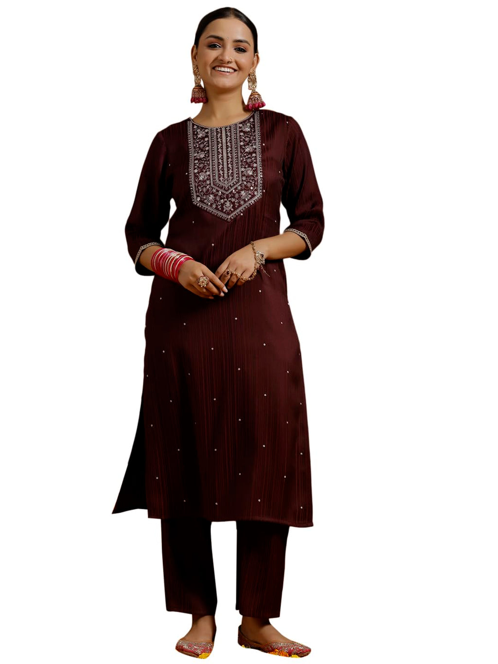 Libas Gerua Womens Embroidered Silk Blend Straight Kurta With Trousers Maroon