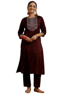 Libas Gerua Womens Embroidered Silk Blend Straight Kurta With Trousers Maroon