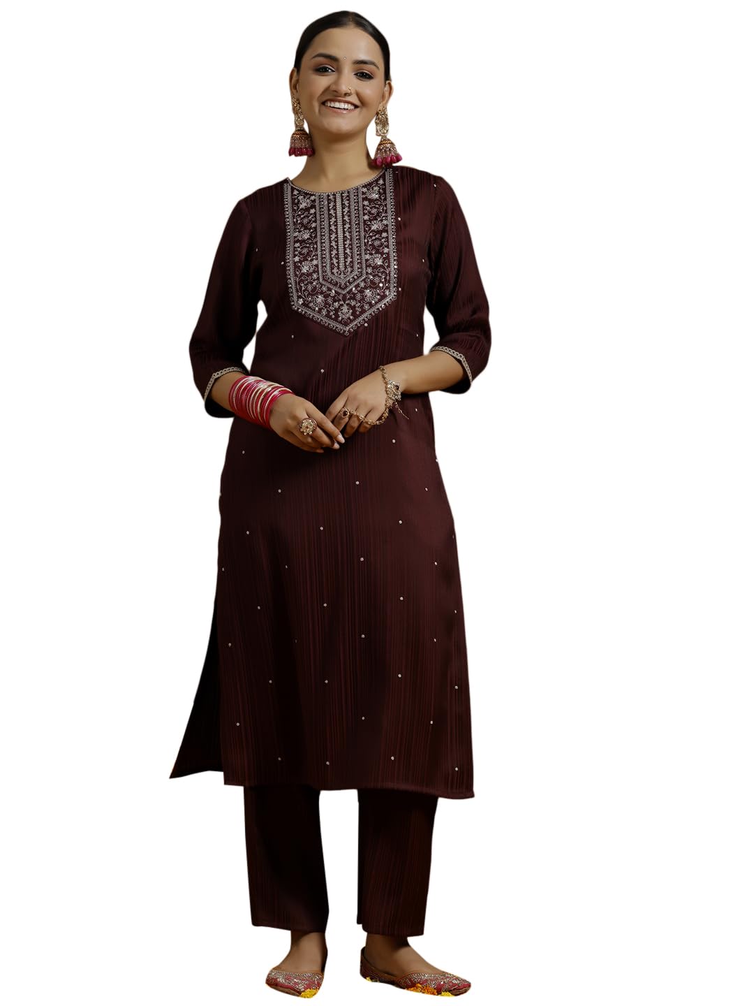 Libas Gerua Womens Embroidered Silk Blend Straight Kurta With Trousers Maroon