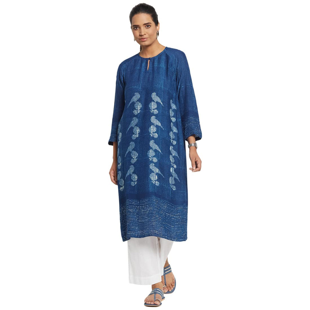 Fabindia Women Blend Printed Straight Long Kurta Viscose_Xs Blue