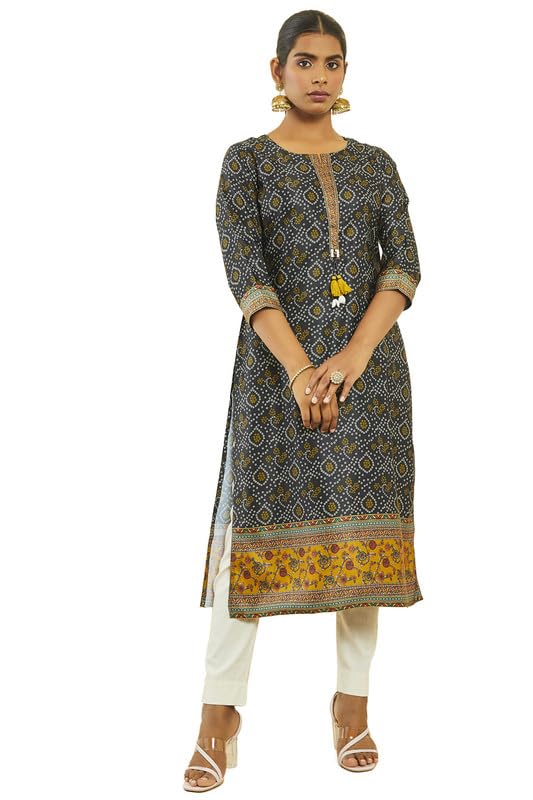Soch Women Satin Bandhani Print Straight Kurta with Contrast Border