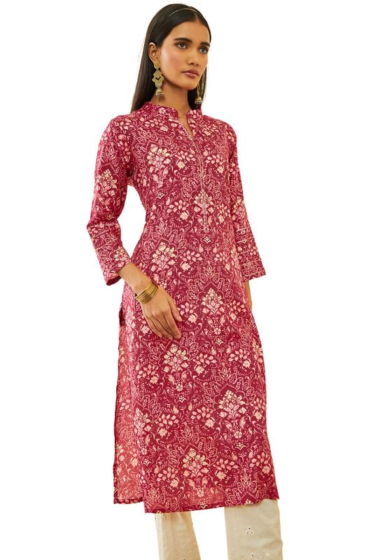 Soch Womens Onion Pink Muslin Floral Print Straight Kurta With Sequin Embellishments