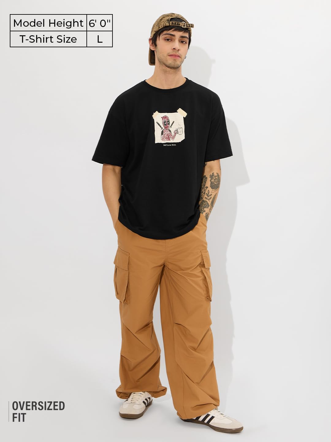 The Souled Store Official Deadpool: Self-Love Men and Boys Short Sleeves Round Neck Black Graphic Printed Cotton Oversized T-Shi