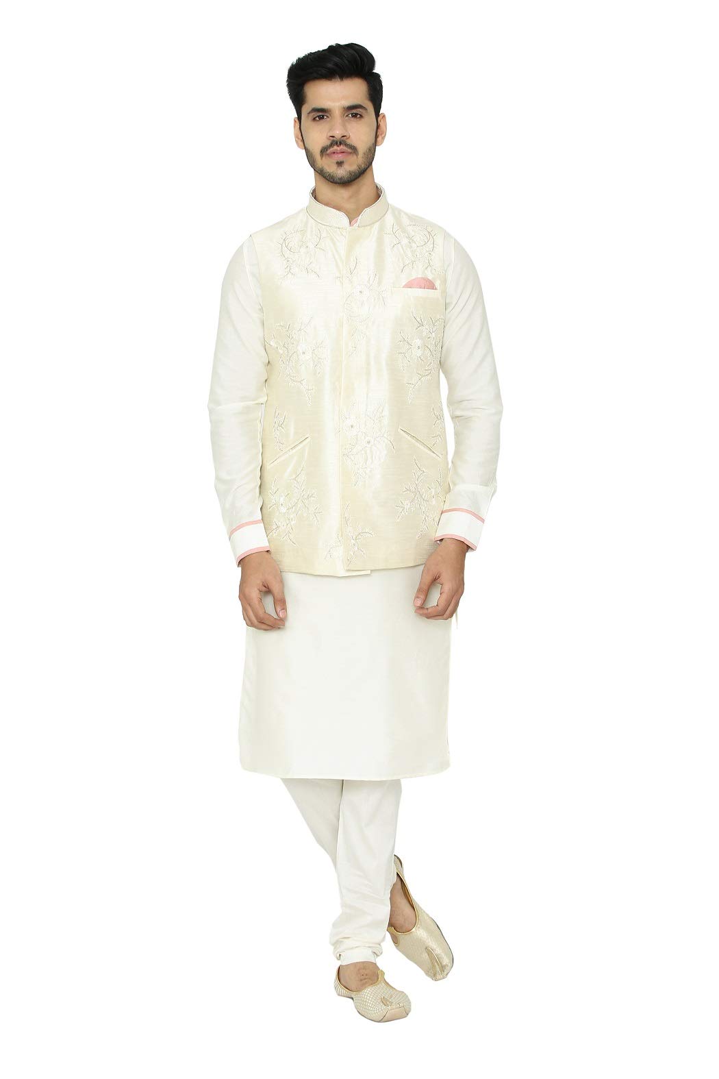 Manyavar MenS Silk Blend Other Kurta Pyjama With Waist Coat (Jast110_Cream_M)