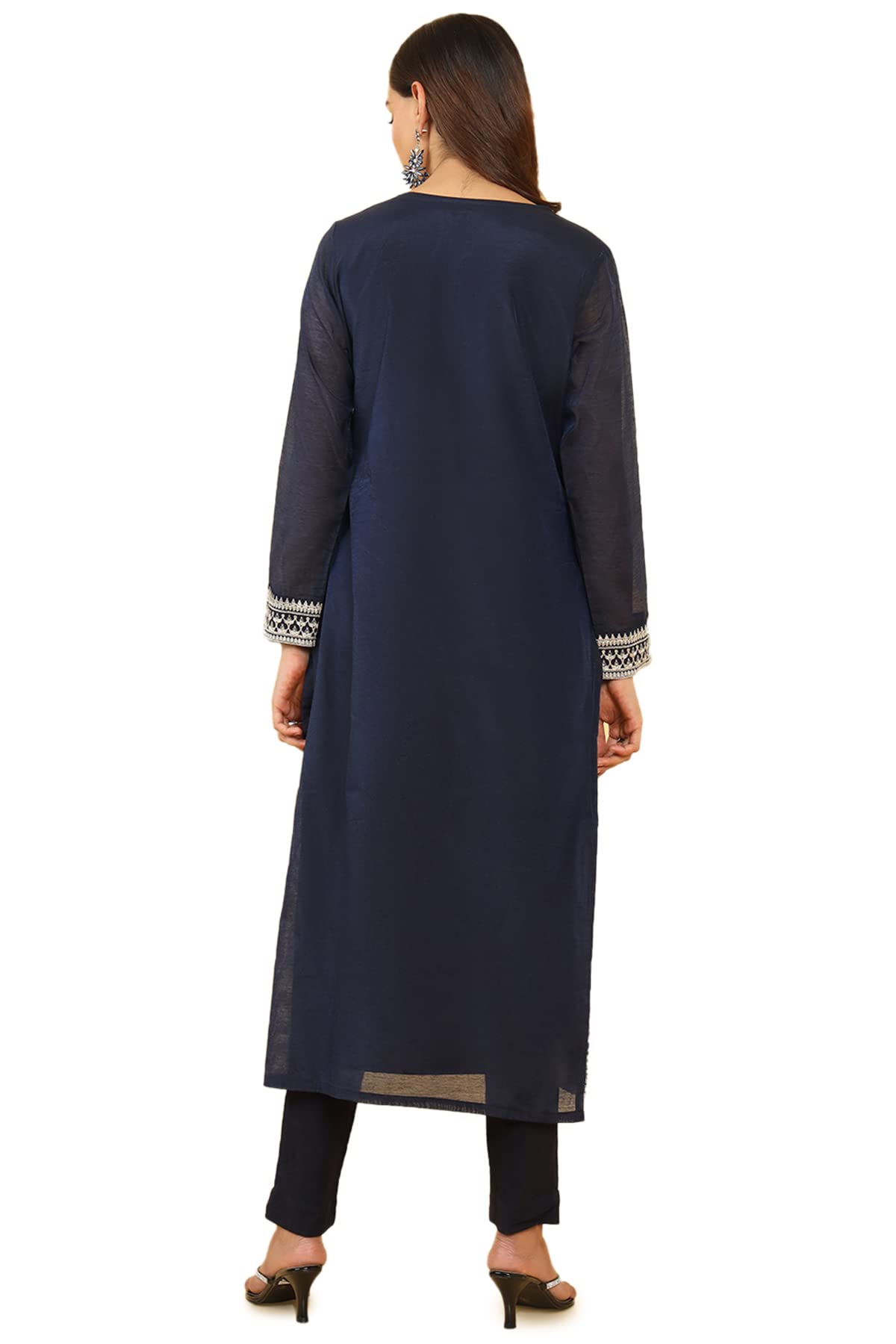 Soch Women Dark Blue Chanderi Embroidered Kurta