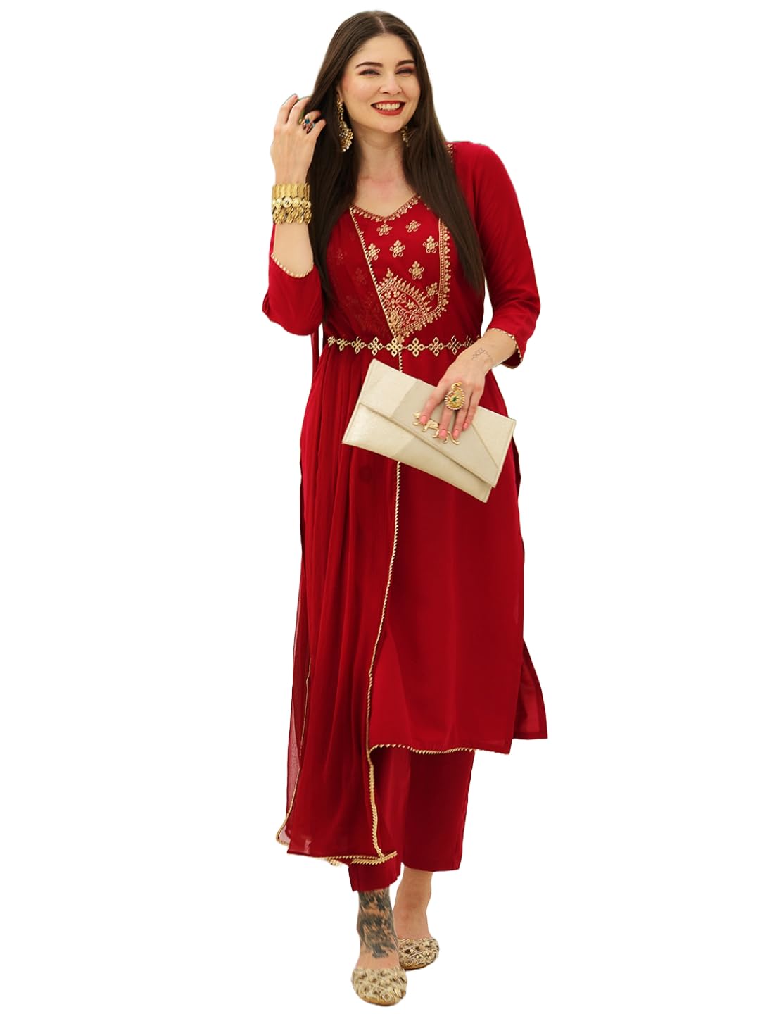 ANNI DESIGNER Ladies Cotton Blend Kurta with Trousers and Dupatta, dark red, M