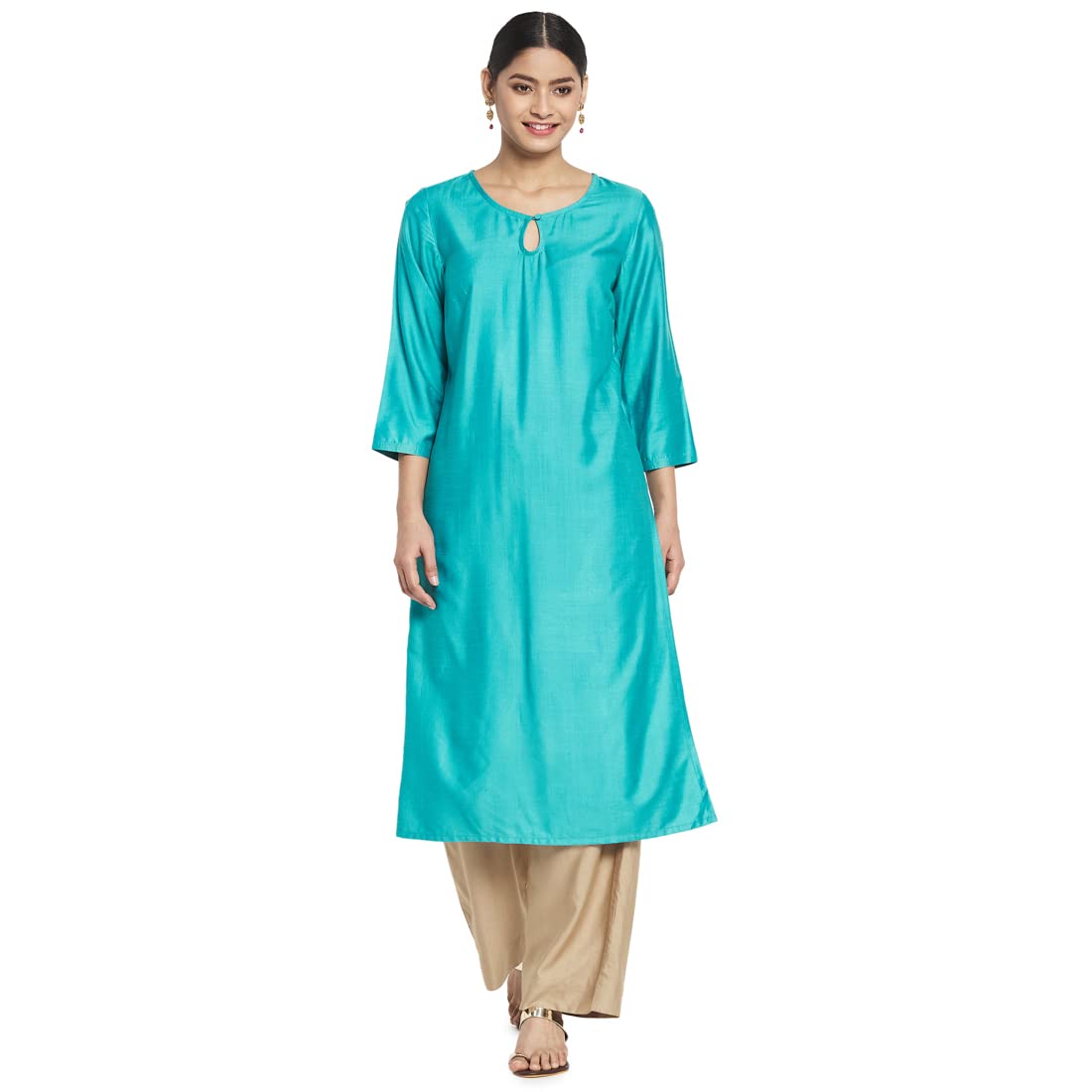 Fabindia Women Viscose Silk Long Kurta Turquoise_S