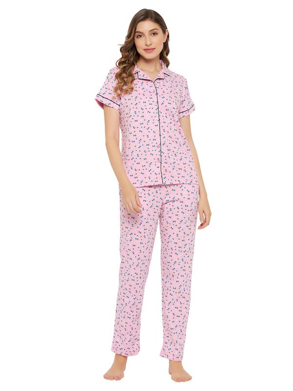 Clovia Womens Cotton Pretty Florals Button Down Shirt & Pyjama Set in Pink (LS0645P22_Pink_L)
