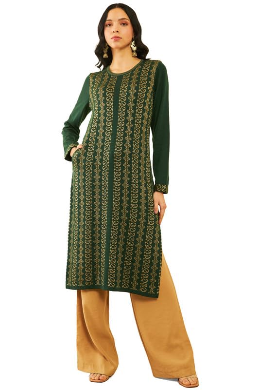 Soch Women Acrylic Paisley Pattern Straight Winter Kurta with Pocket