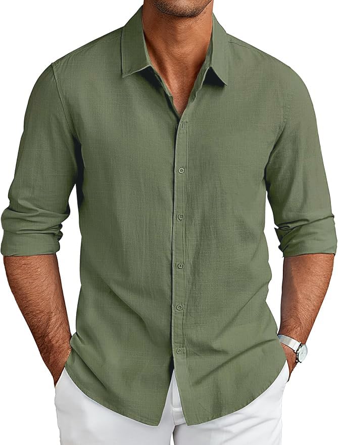 CB-COLEBROOK Mens Long Sleeve Button Down Shirts Casual Cotton Linen Shirts Summer Beach Shirt for Mens Top (in, Alpha, 2XL, Re