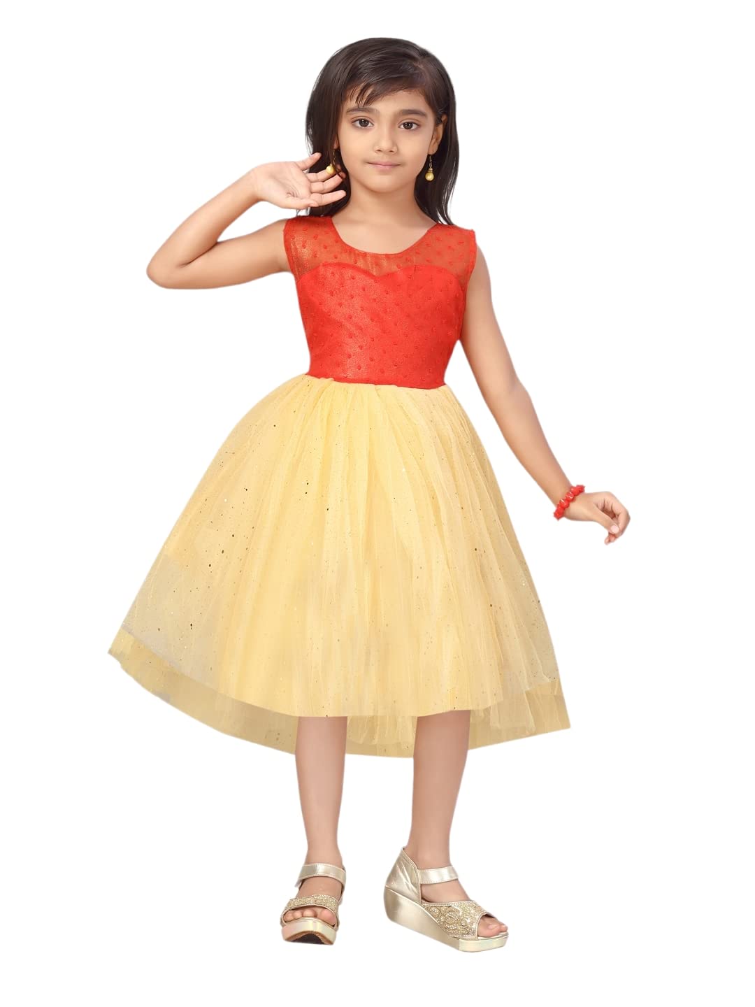 Aarika Girls Net Fit and Flare Knee-Length Dress (FK-3005_Red_20)