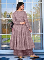 ANNI DESIGNER Womens Rayon Viscose Anarkali Printed Kurta with Palazzo & Dupatta (Sinners Purple_XXL_Purple_XX-Large)